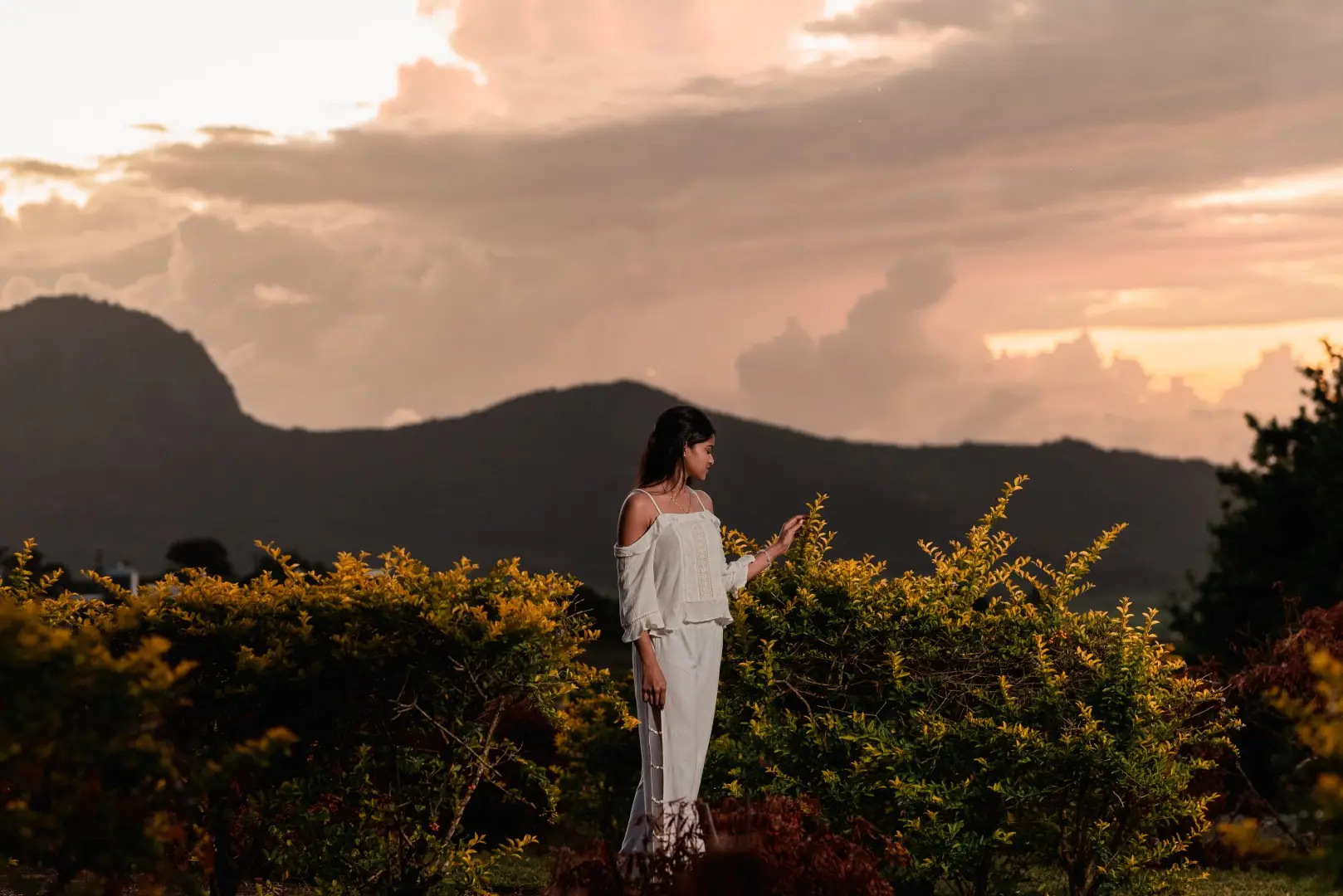Guest enjoying a peaceful mountain view at Olive Creek Wellness in Mauritius